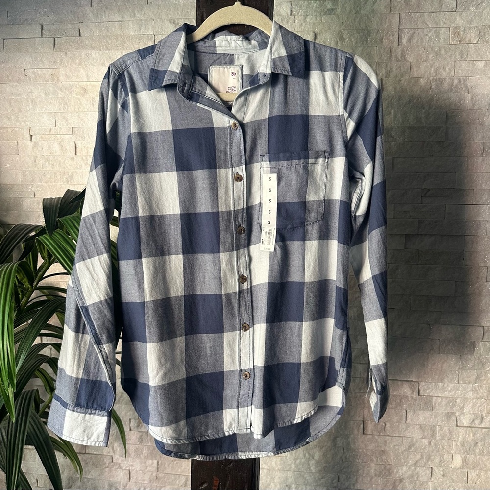 SO Blue White Plaid Long Sleeve Button Down Flannel Shirt Size S New with Tags
